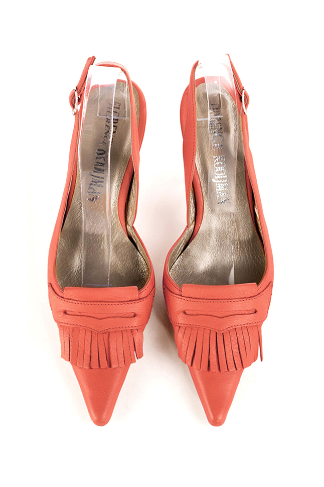 Women's coral slingback dress shoes. Pointed toe. High spool heels - Top view